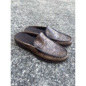 Cole Haan Western Elkins Women's 5.5 B Tooled Brown Leather Slip On Mules Loafer